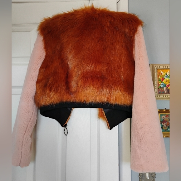 Unique Faux Fur Zipper Jacket in Pink & Rusty/Orange/Brown BRAND NEW - SIZE S - Picture 2 of 9